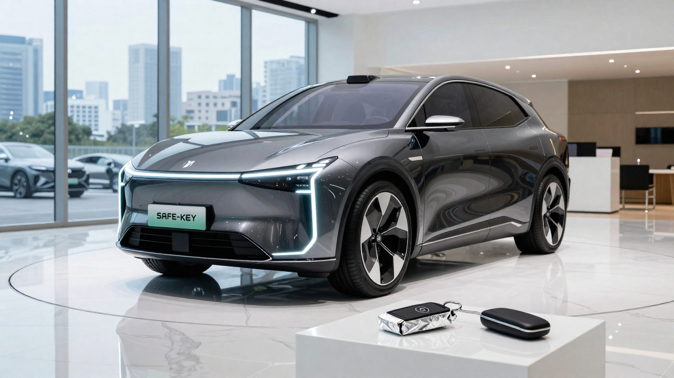 Carro elétrico cinzento moderno em exposição num showroom com chave eletrónica em destaque.
