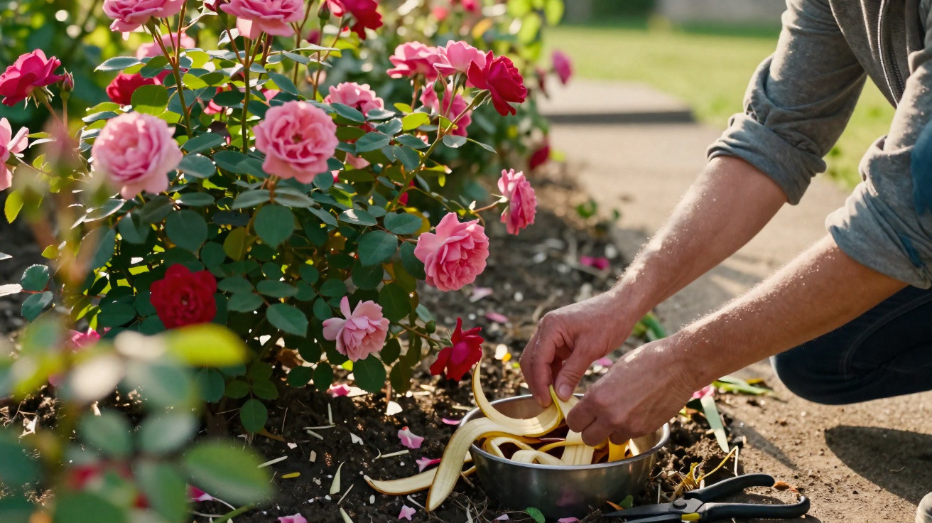 Pessoa a alimentar uma cobra amarela numa tigela ao lado de arbustos com rosas rosas e vermelhas.