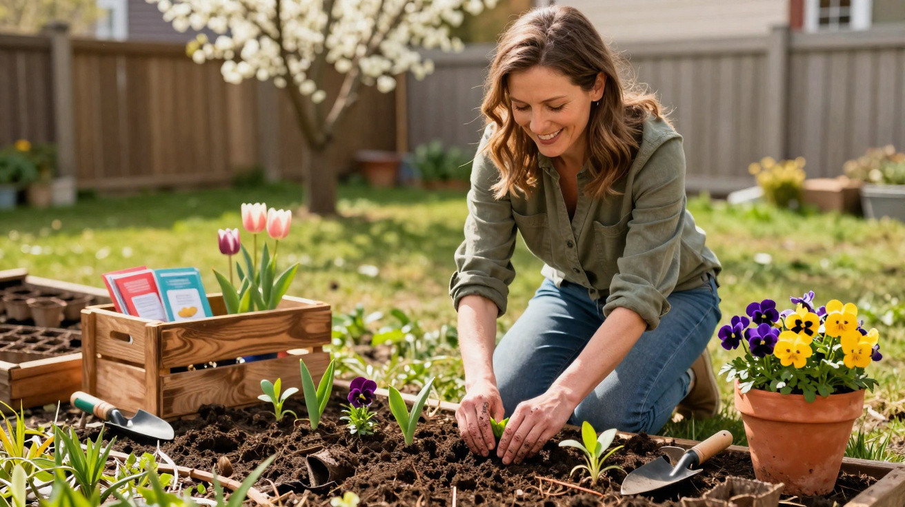 Mulher a sorrir enquanto planta flores numa horta, rodeada de vasos e ferramentas de jardinagem.
