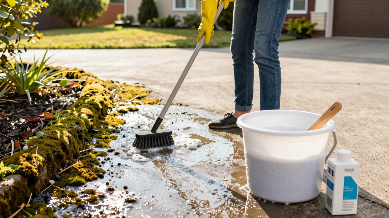 Pessoa a lavar um passeio com escova, balde de água e produto de limpeza num jardim exterior.