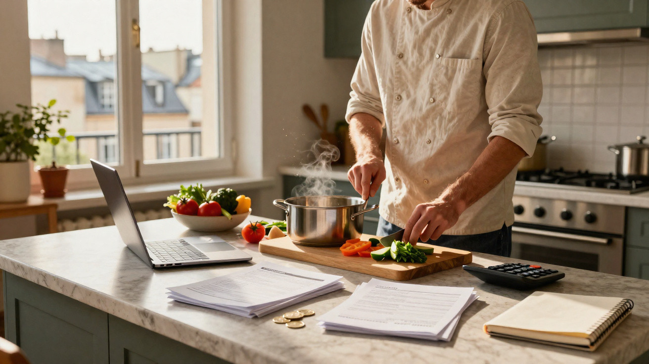 Pessoa a cortar legumes numa cozinha moderna, com fogão a gás, laptop aberto e documentos na bancada.