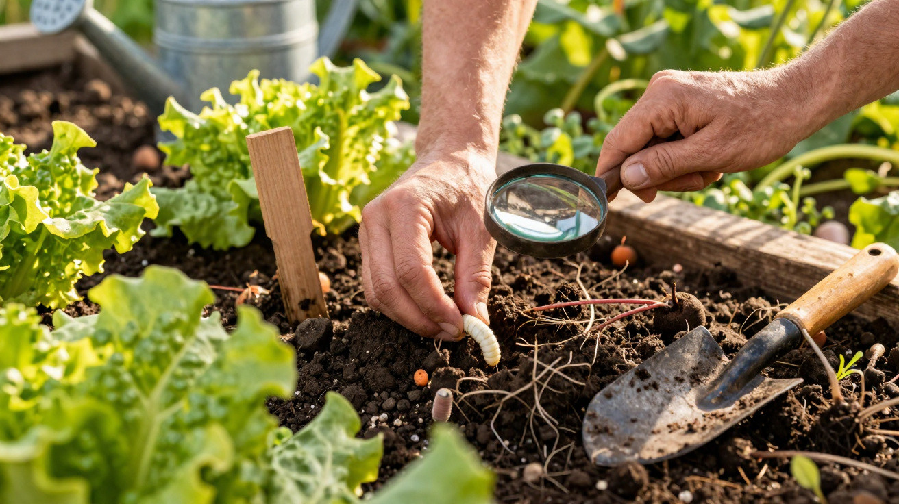 Mãos a inspecionar solo de horta com lupa e a retirar uma larva branca, ao lado de plantas verdes e uma pá de jardinagem.
