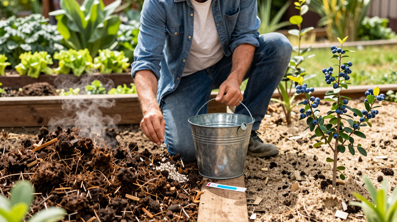 Pessoa a aplicar fertilizante no solo de um jardim com plantas e arbustos, segurando um balde metálico.