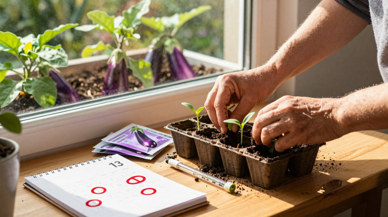 Mãos a transplantar pequenas plantas em tabuleiro junto a janela com calendário e embalagens de sementes.