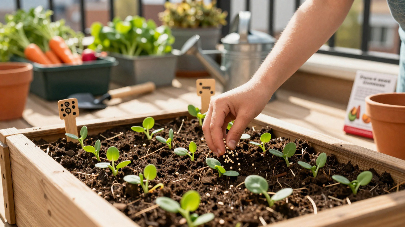 Mão a fertilizar muda verde numa caixa de cultivo de madeira numa varanda com outros vasos e plantas.
