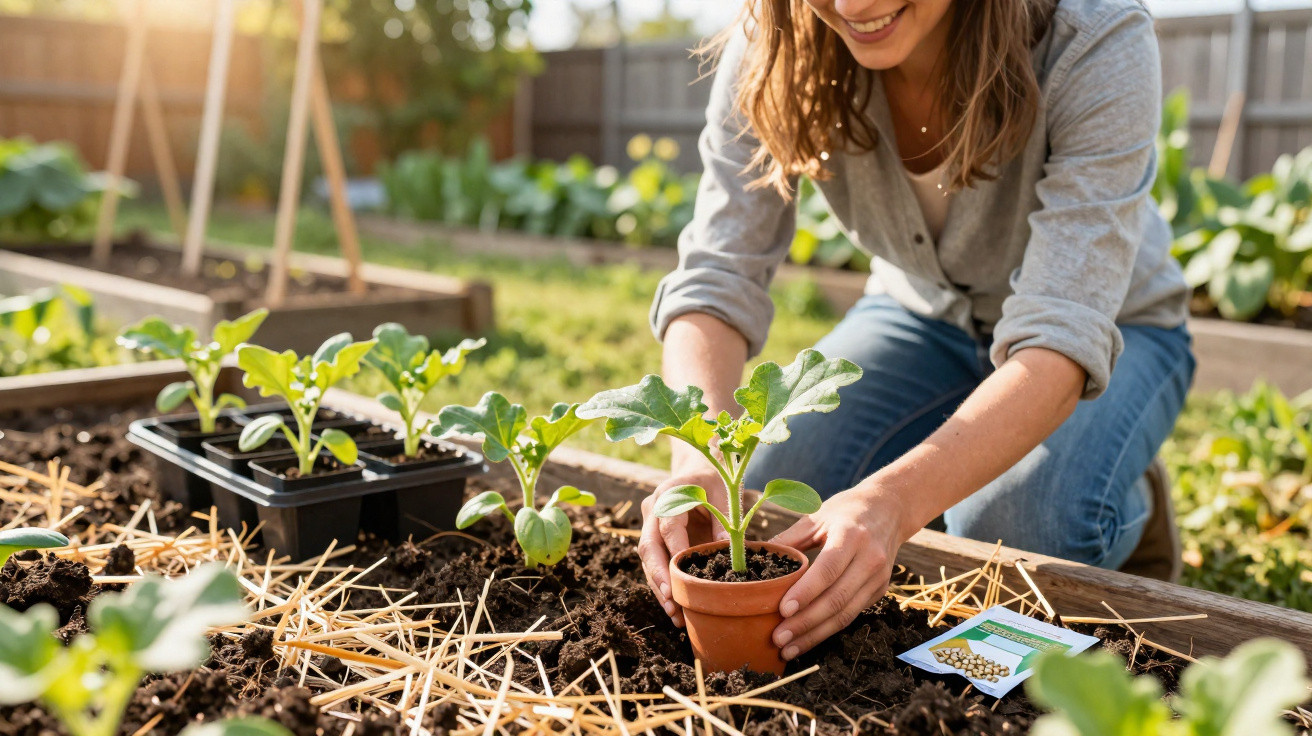 Pessoa a transplantar muda de planta para vaso num canteiro de jardim com luz solar suave.