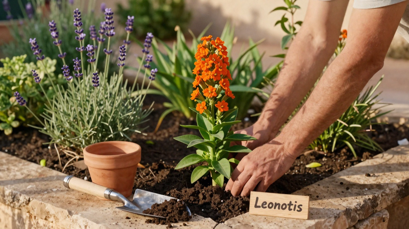 Pessoa a plantar flor alaranjada Leonotis num canteiro de pedra, com vasos e flores lilases ao lado.