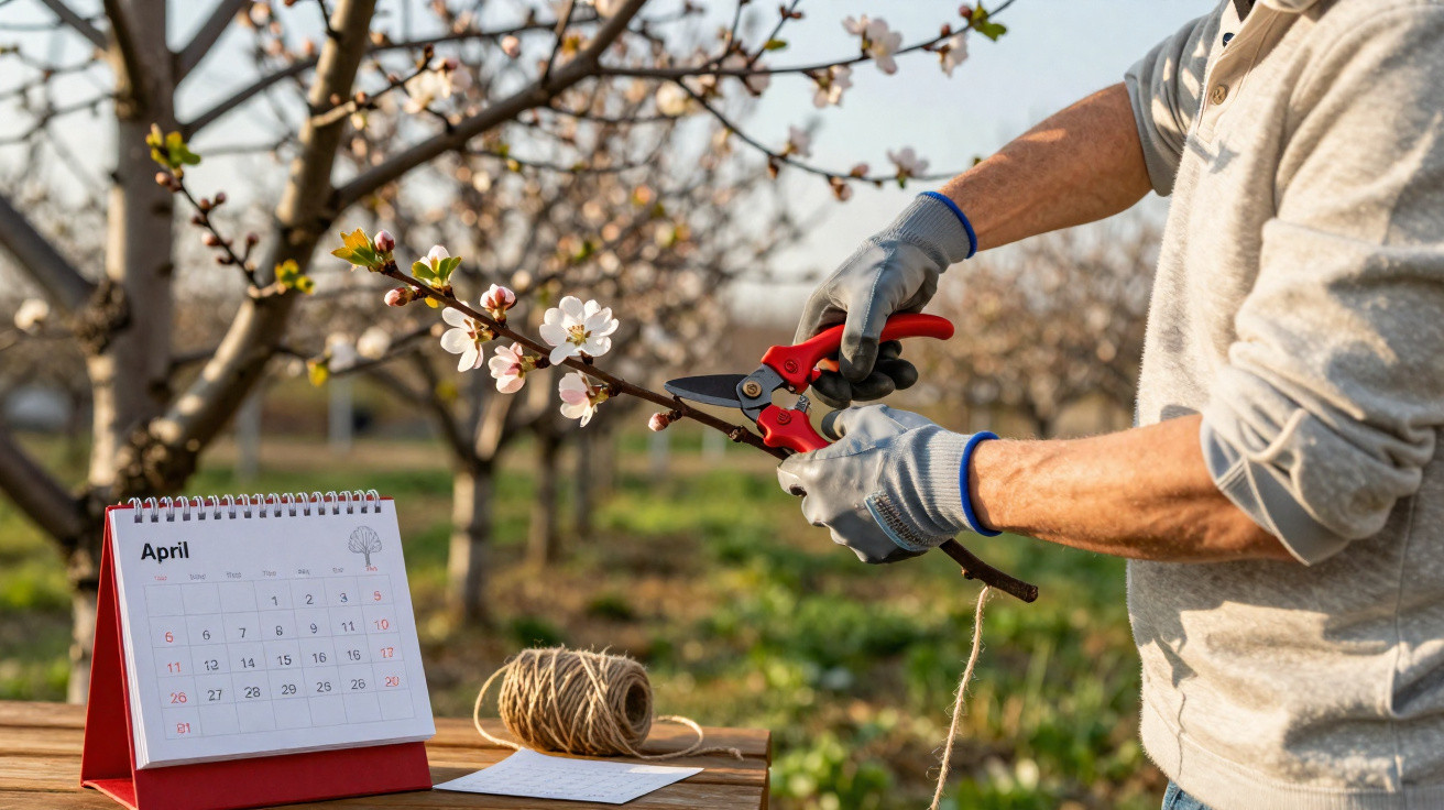 Pessoa a podar ramo florido numa árvore de fruto durante a primavera, com calendário de abril visível.