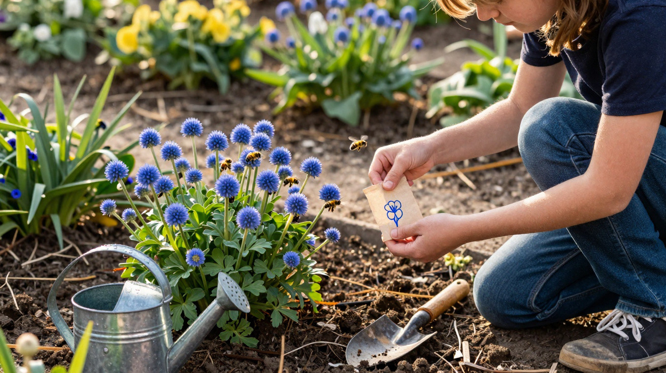 Criança a plantar flores num jardim, segurando cartão com desenho e com regador e pá metálica no chão.