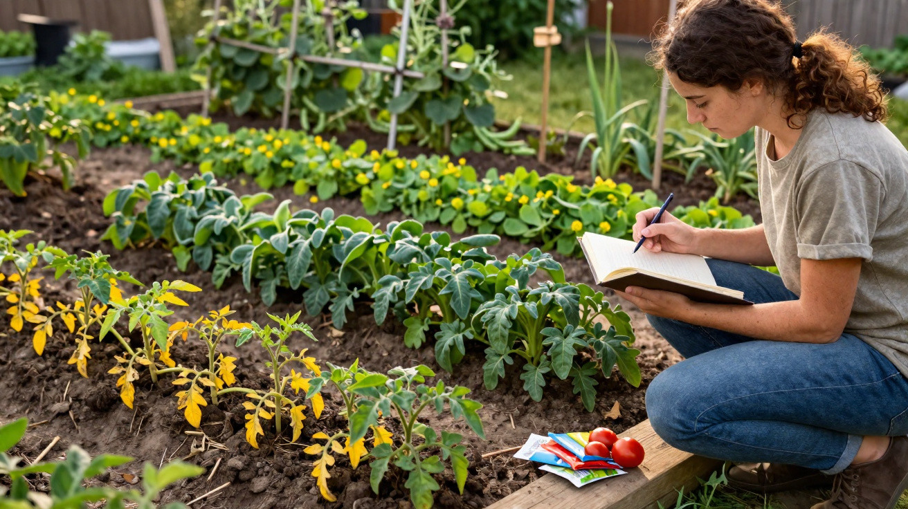 Jovem regista informações num caderno enquanto observa plantas e sementes num jardim cuidado.