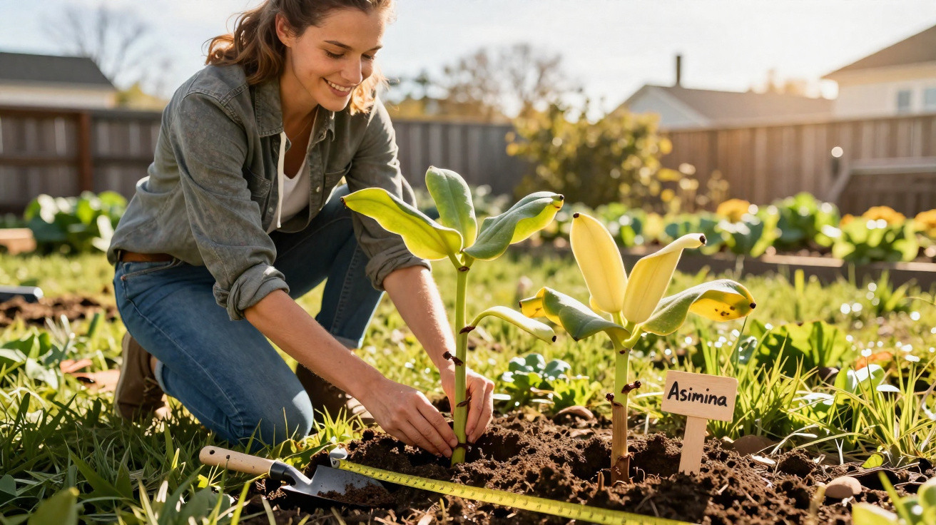 Mulher a cuidar de planta Asimina num jardim ao ar livre, com sinal identificativo e ferramentas de jardim.