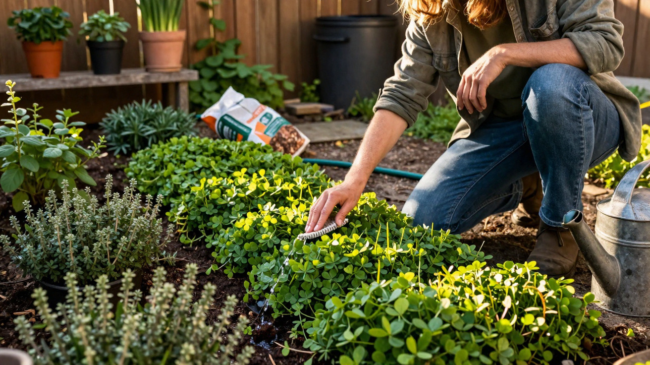 Pessoa a cuidar de plantas em horta caseira com regador e ferramentas de jardinagem ao redor.