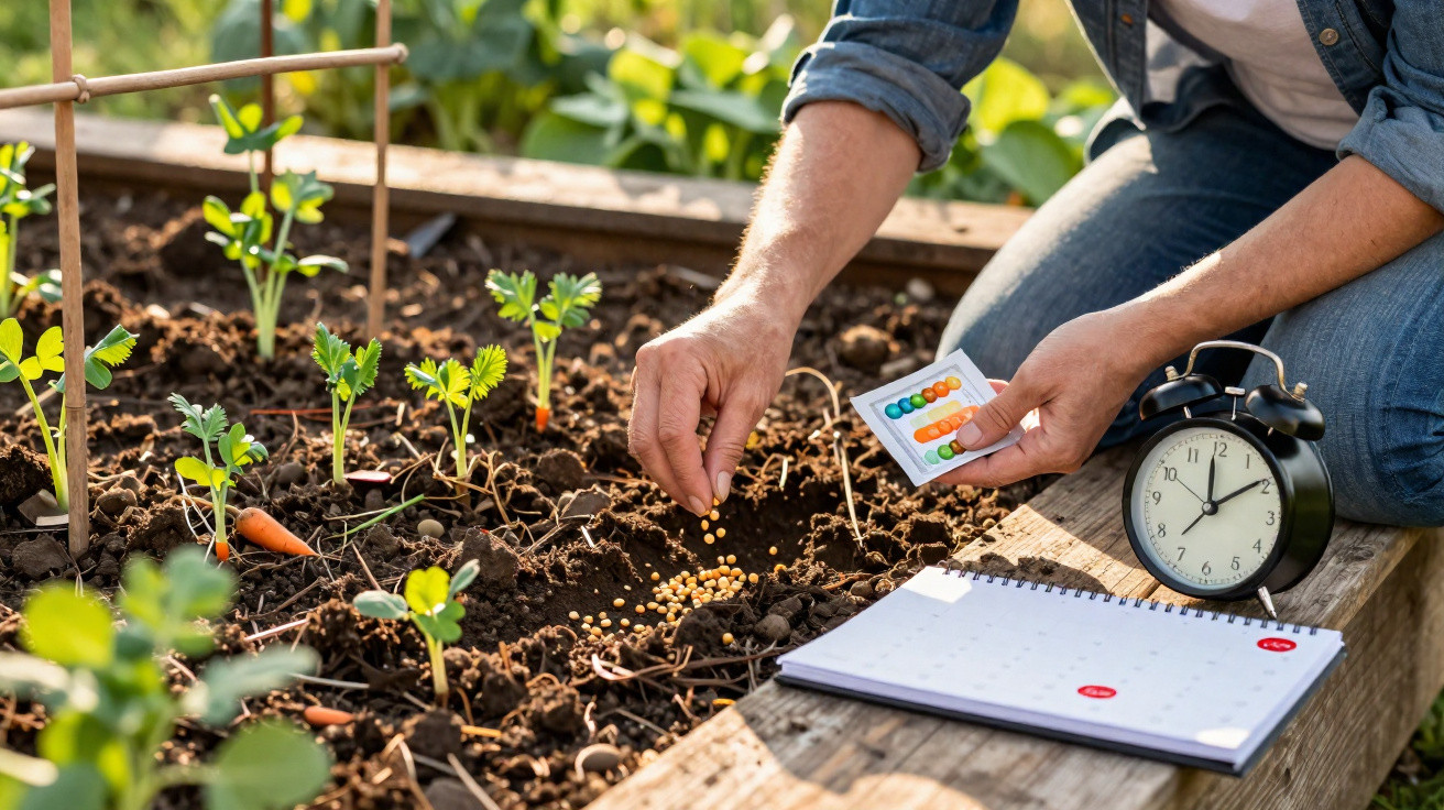 Pessoa a semear sementes num canteiro de jardim com plantas, relógio e calendário ao lado.