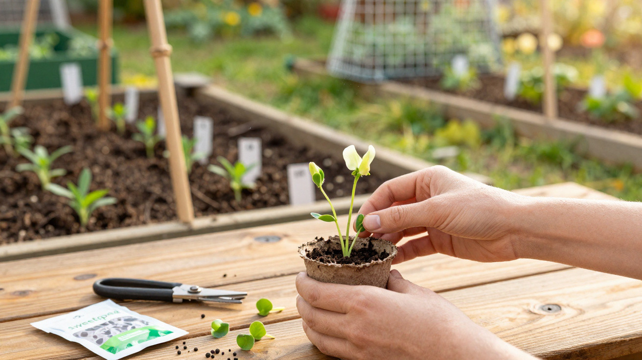 Mãos a transplantar uma planta jovem em vaso biodegradável numa mesa de madeira com sementes e tesoura.