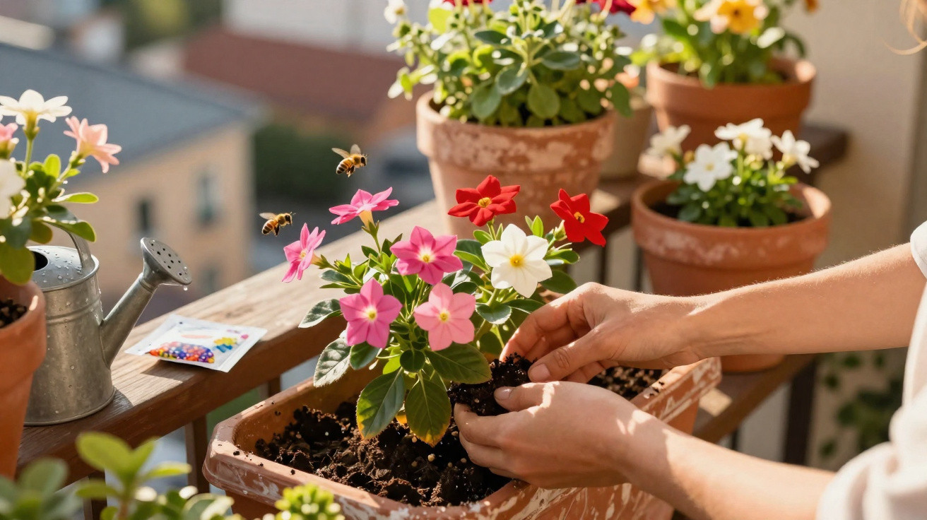 Mãos a plantar flores coloridas em vaso com abelhas a voar num jardim urbano ensolarado.