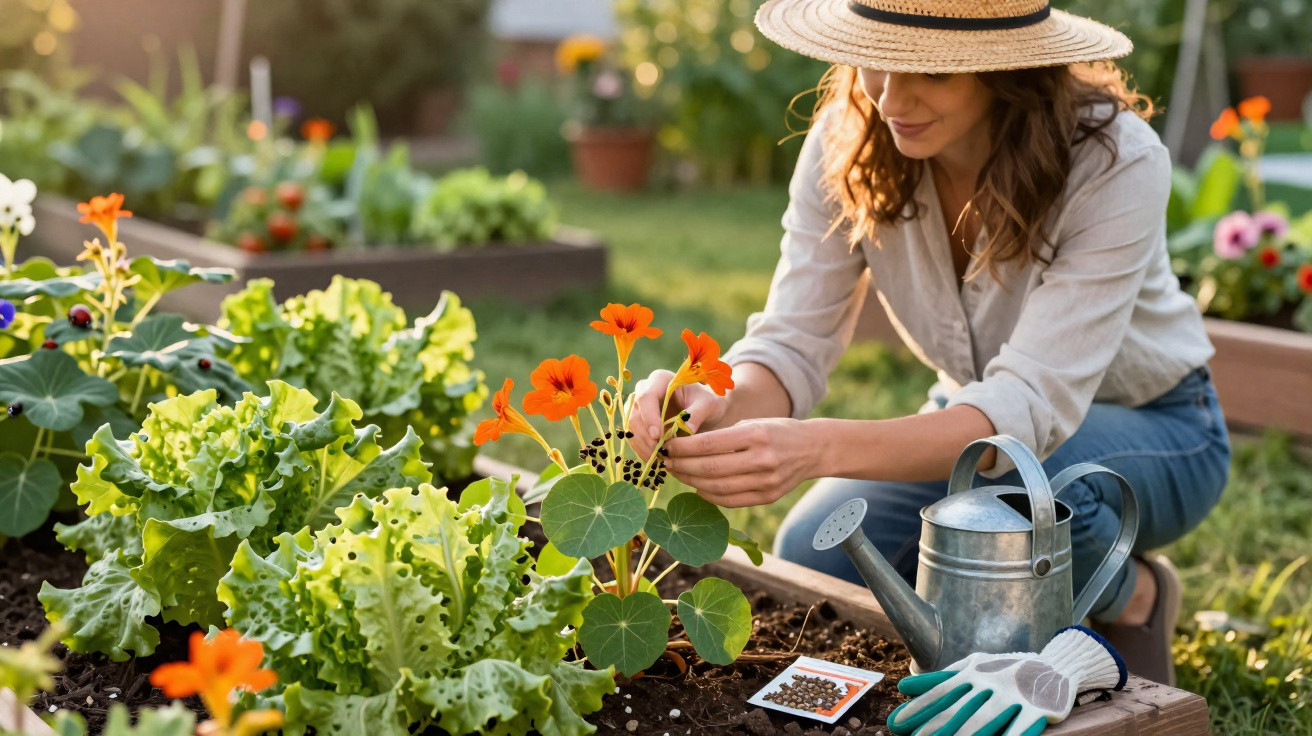 Mulher de chapéu a cuidar de flores e legumes numa horta urbana com regador e luvas ao lado.