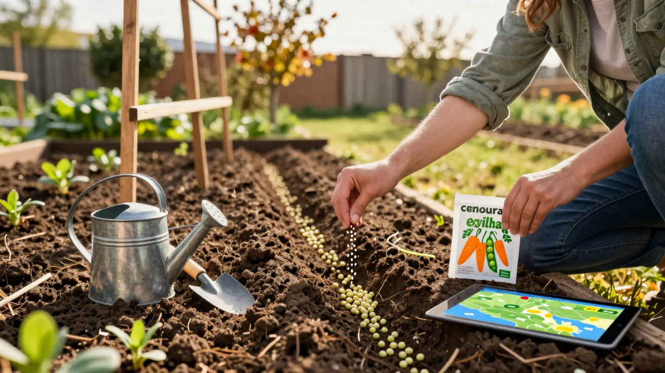 Pessoa a plantar sementes em hortas com regador, enxada e tablet ao lado em jardim ao ar livre.