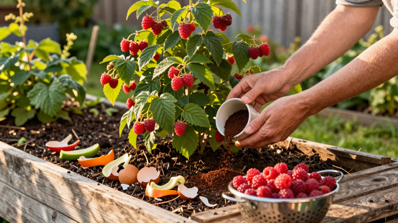 Pessoa a fertilizar planta de framboesas num canteiro com composto orgânico e frutos colhidos.