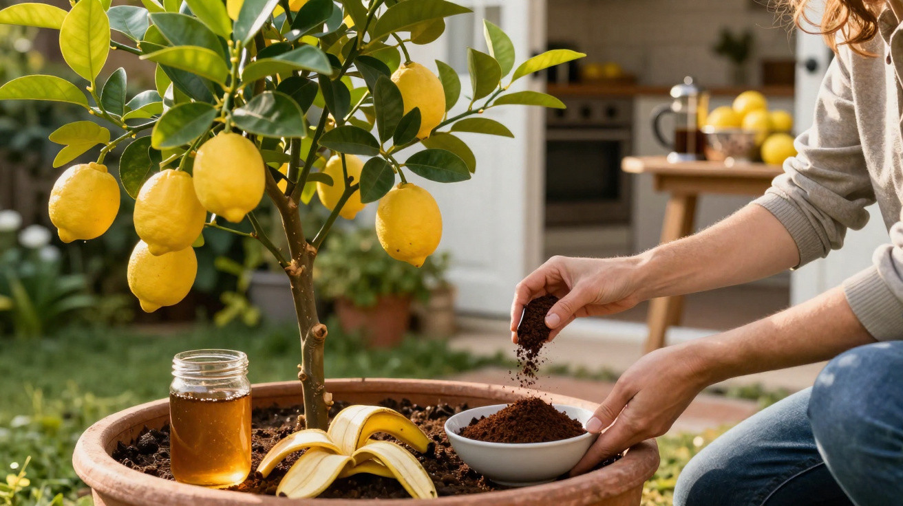 Pote de limoeiro com limões, casca de banana, frasco de mel e pessoa a adicionar terra numa tigela.