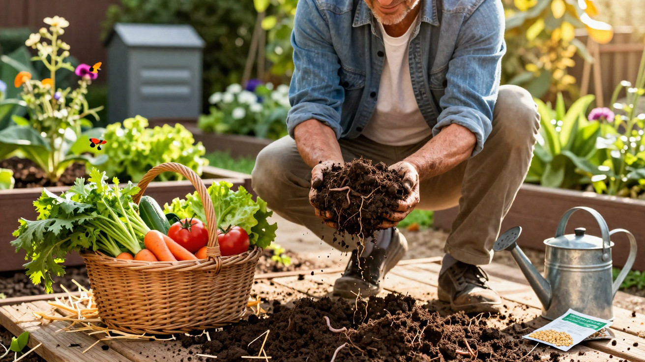 Homem a agachar no jardim a segurar terra com minhocas, cesta com legumes frescos e regador ao lado.