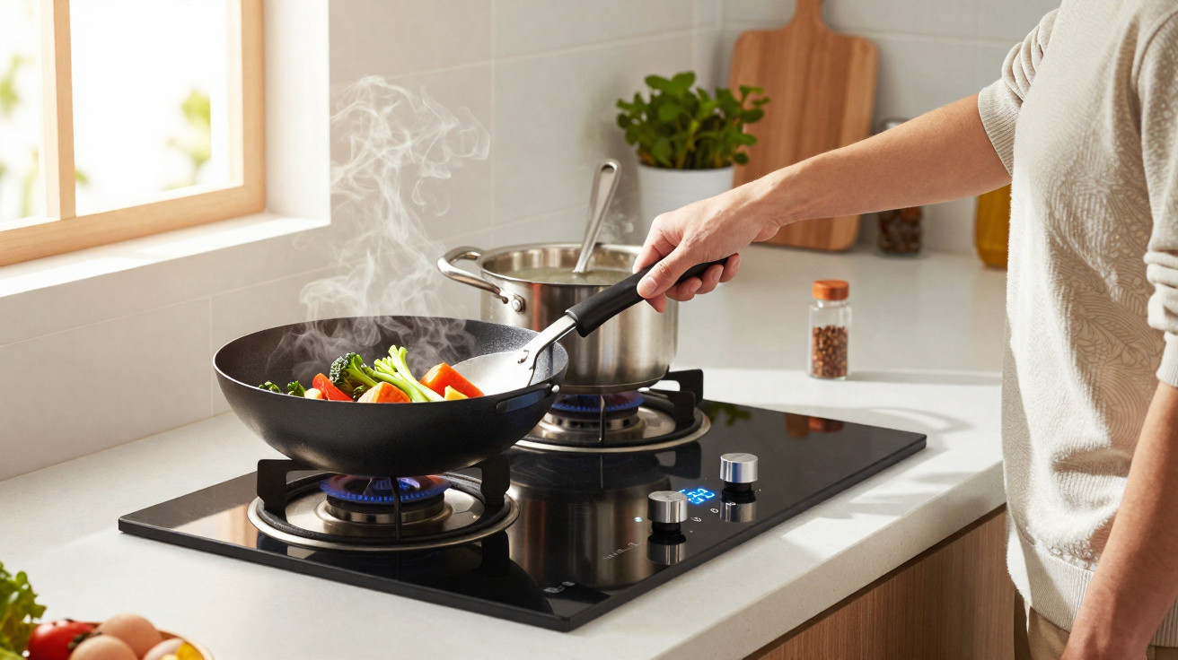 Pessoa a cozinhar legumes numa frigideira fumegante num fogão a gás moderno numa cozinha luminosa.