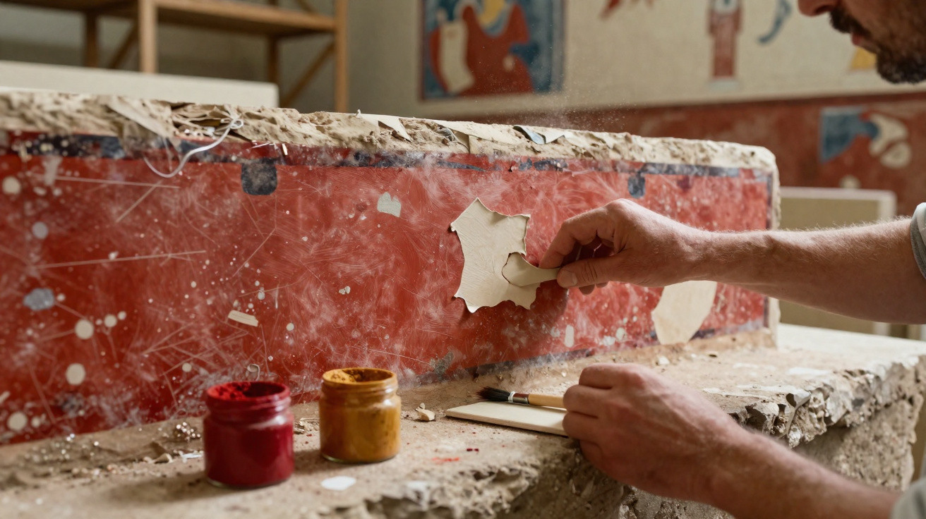 Detalhe das mãos de uma pessoa a restaurar um azulejo antigo vermelho num ambiente de oficina.