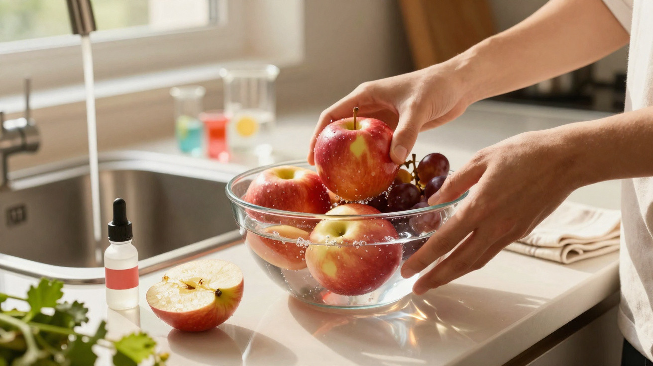 Mãos a lavar maçãs vermelhas e uvas num recipiente de vidro numa bancada de cozinha iluminada.