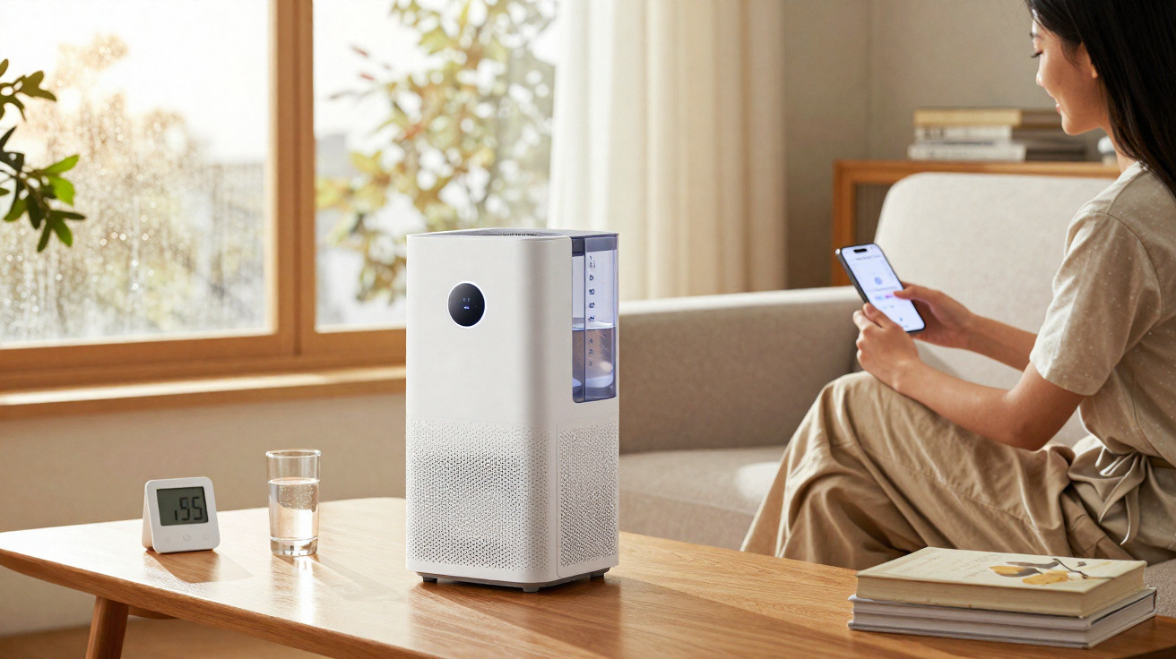 Humidificador branco sobre mesa de madeira numa sala iluminada, com mulher a usar telemóvel ao fundo.