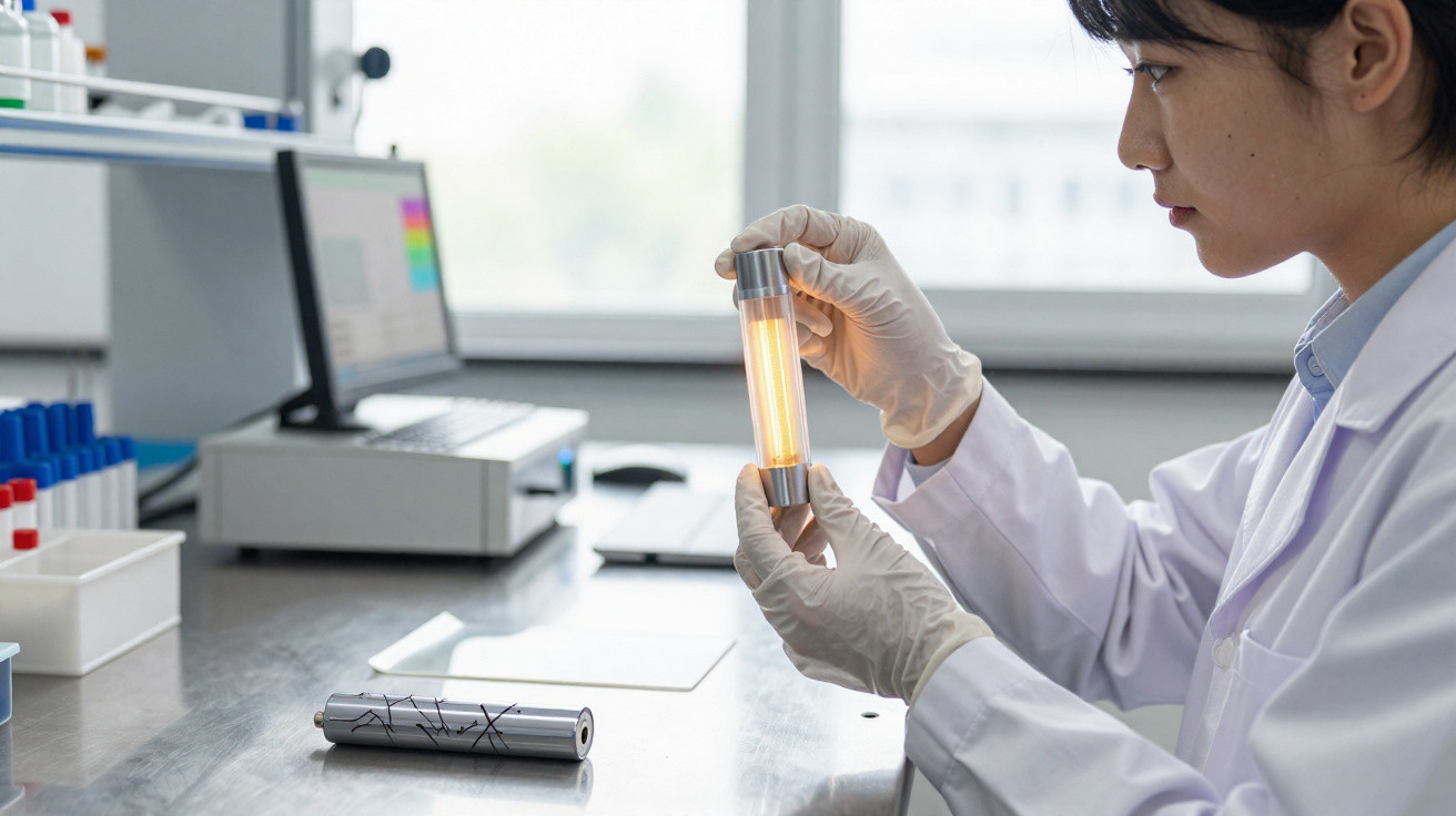 Cientista em laboratório a examinar componente tecnológico iluminado, com equipamento e computador ao fundo.