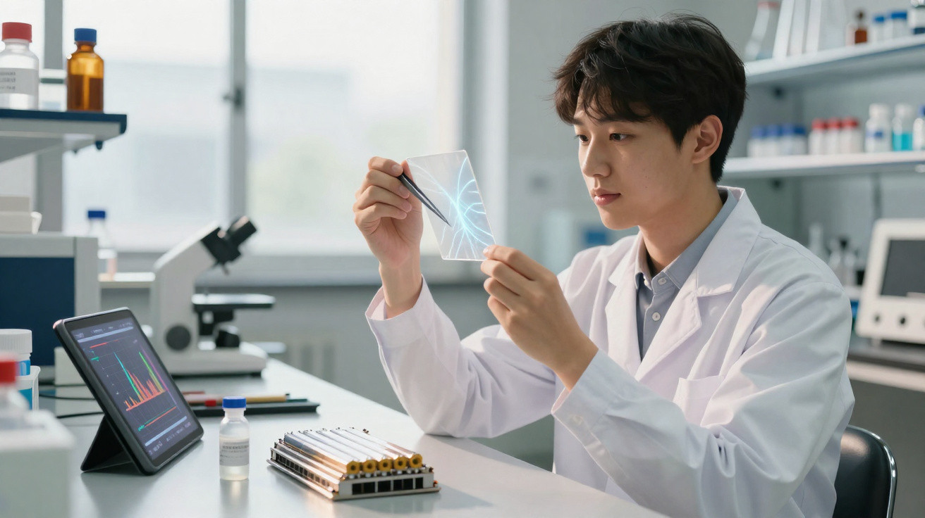 Cientista em laboratório analisa placa transparente com gráfico, usando pinça e bata branca.