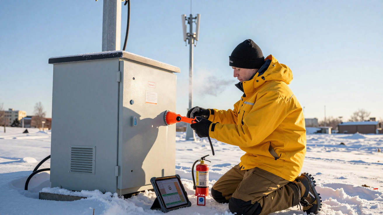 Técnico em jaqueta amarela conecta cabo a caixa elétrica em ambiente nevado durante o dia.