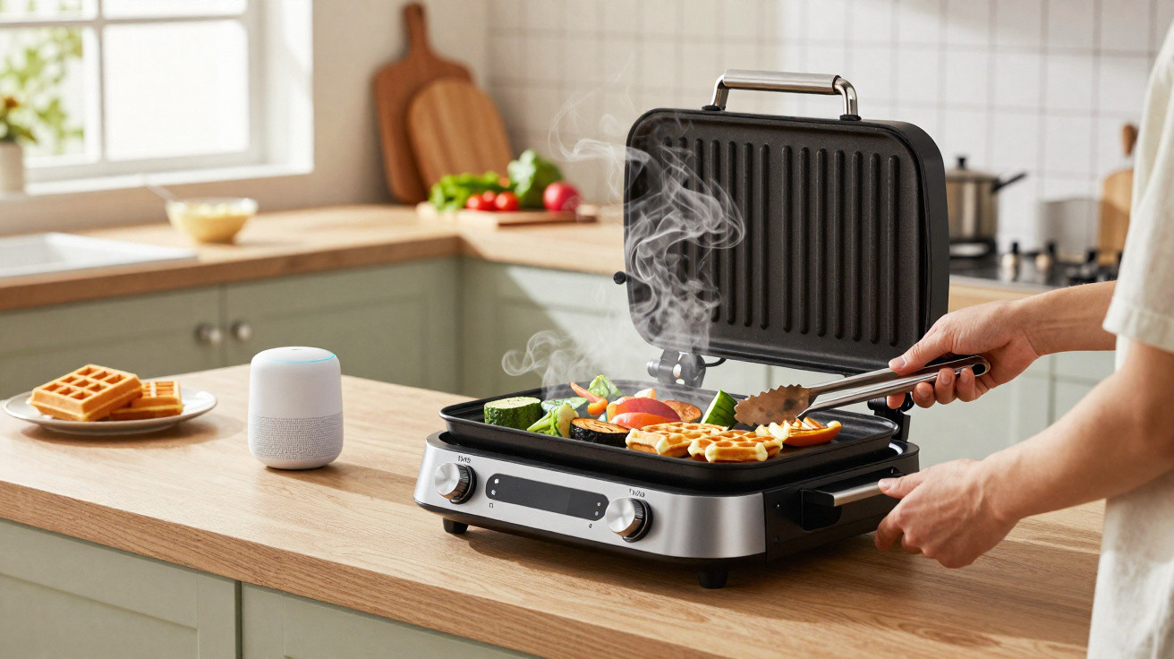 Pessoa a cozinhar waffles e legumes num grill elétrico na cozinha moderna com bancada de madeira clara.