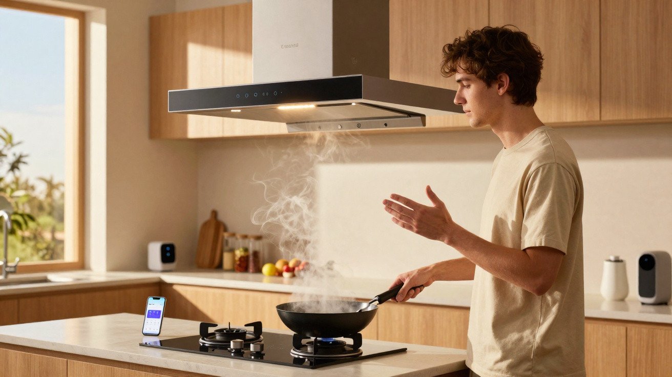 Jovem a cozinhar numa cozinha moderna, usando um fogão a gás com exaustor a funcionar.