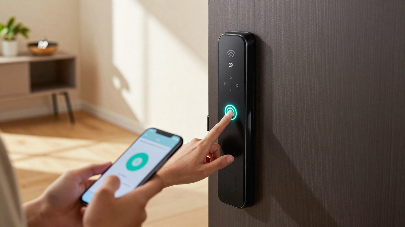 Pessoa a usar uma fechadura digital inteligente com controlo através de smartphone numa porta interior.