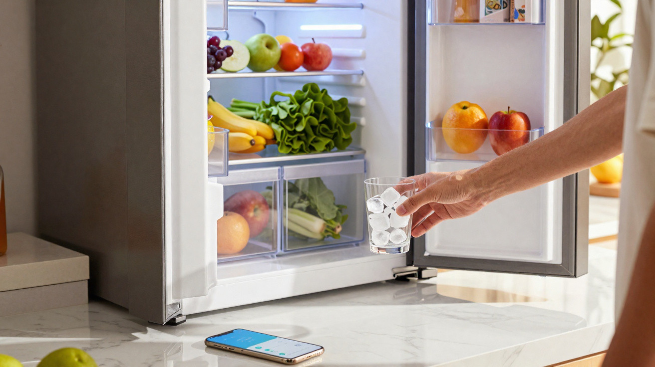 Frigorífico aberto com frutas e legumes, mão a segurar copo com cubos de gelo numa cozinha moderna.