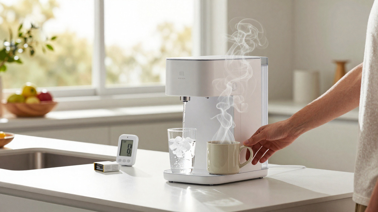 Pessoa a pegar uma chávena com bebida quente numa máquina moderna de café branca.