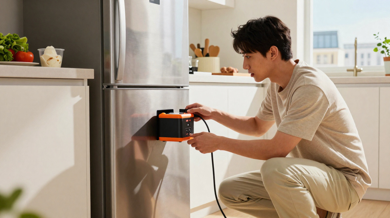 Homem agachado na cozinha a ligar gerador portátil a frigorífico inox moderno.