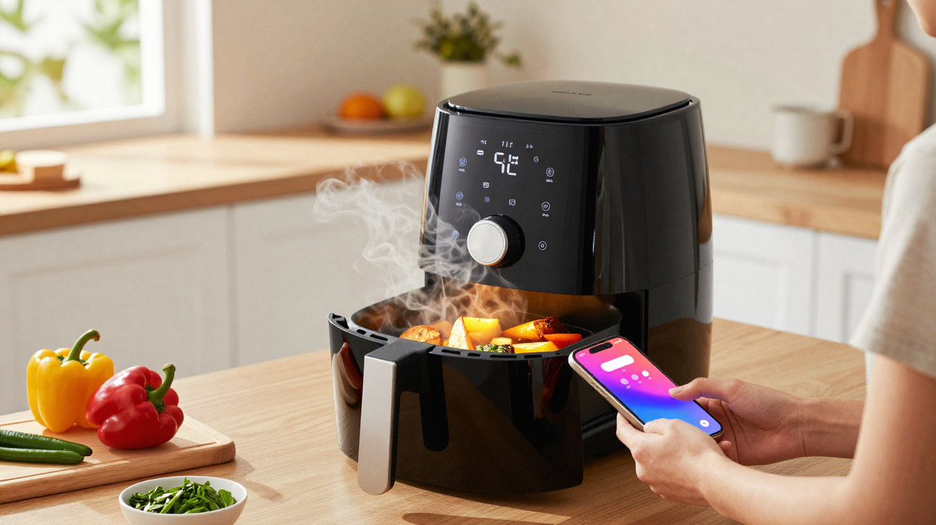 Fritadeira elétrica preta com ecrã digital a cozinhar legumes, com uma pessoa a controlar por smartphone.