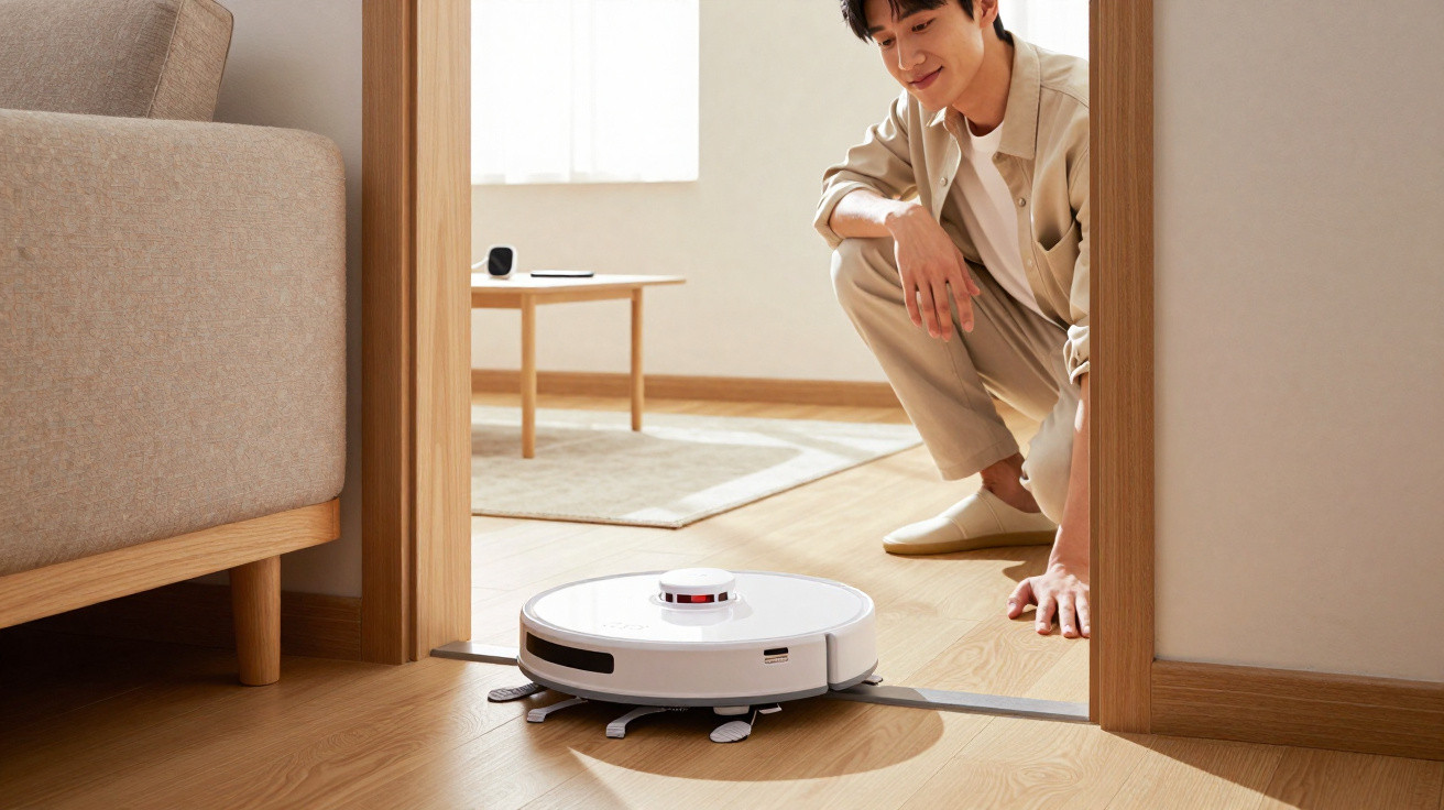 Homem a observar aspirador robô branco limpar chão de madeira junto a sofá e mesa de sala.