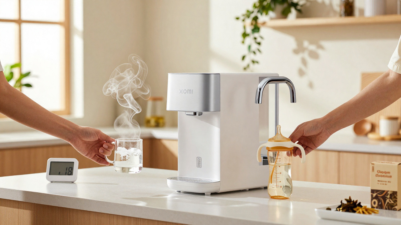 Máquina de aquecer água com mãos a segurar um copo de água quente e um biberão num balcão de cozinha.