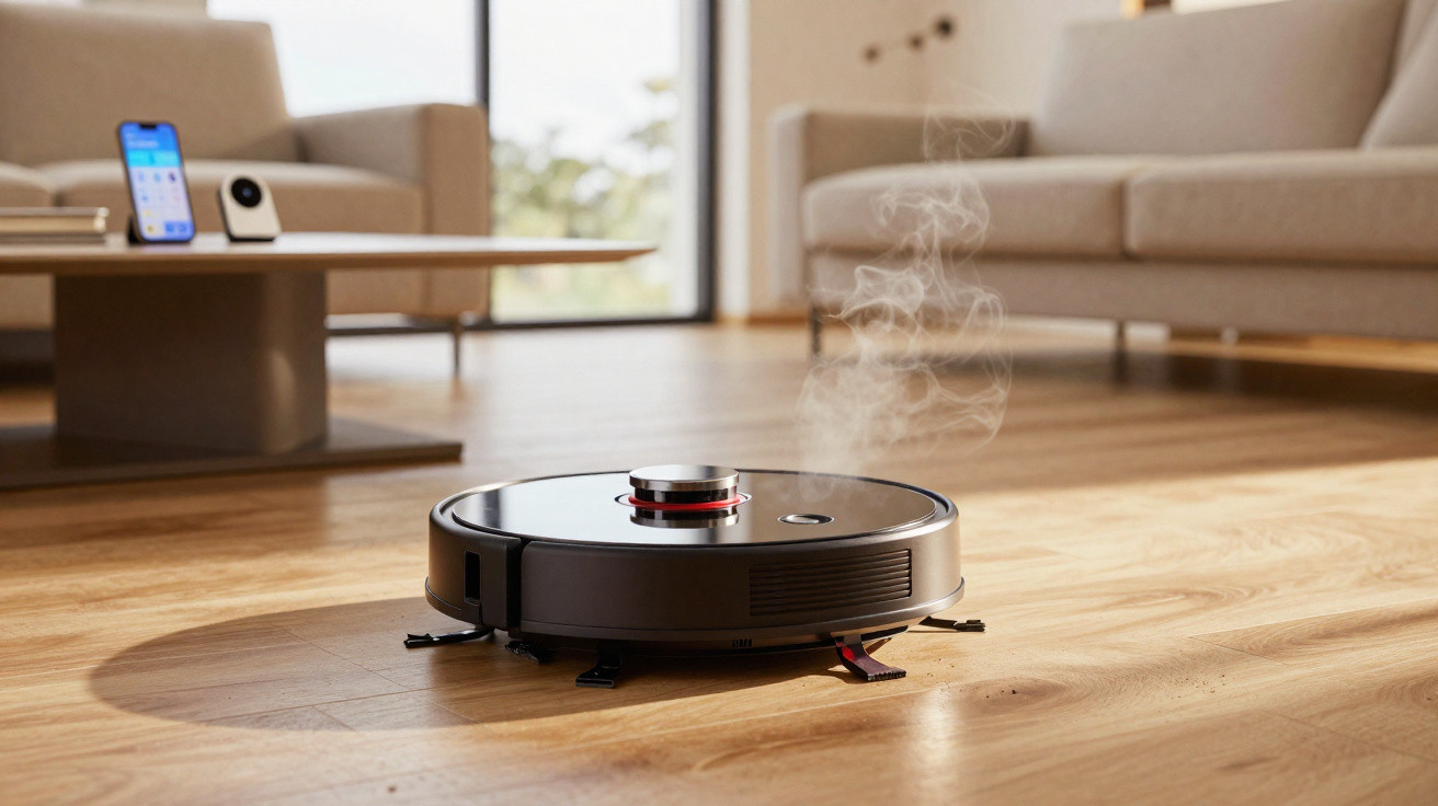 Aspirador robot em chão de madeira a limpar numa sala com sofá e mesa de centro.