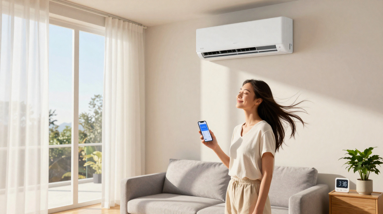 Mulher a controlar ar condicionado com smartphone numa sala luminosa com sofá e plantas.