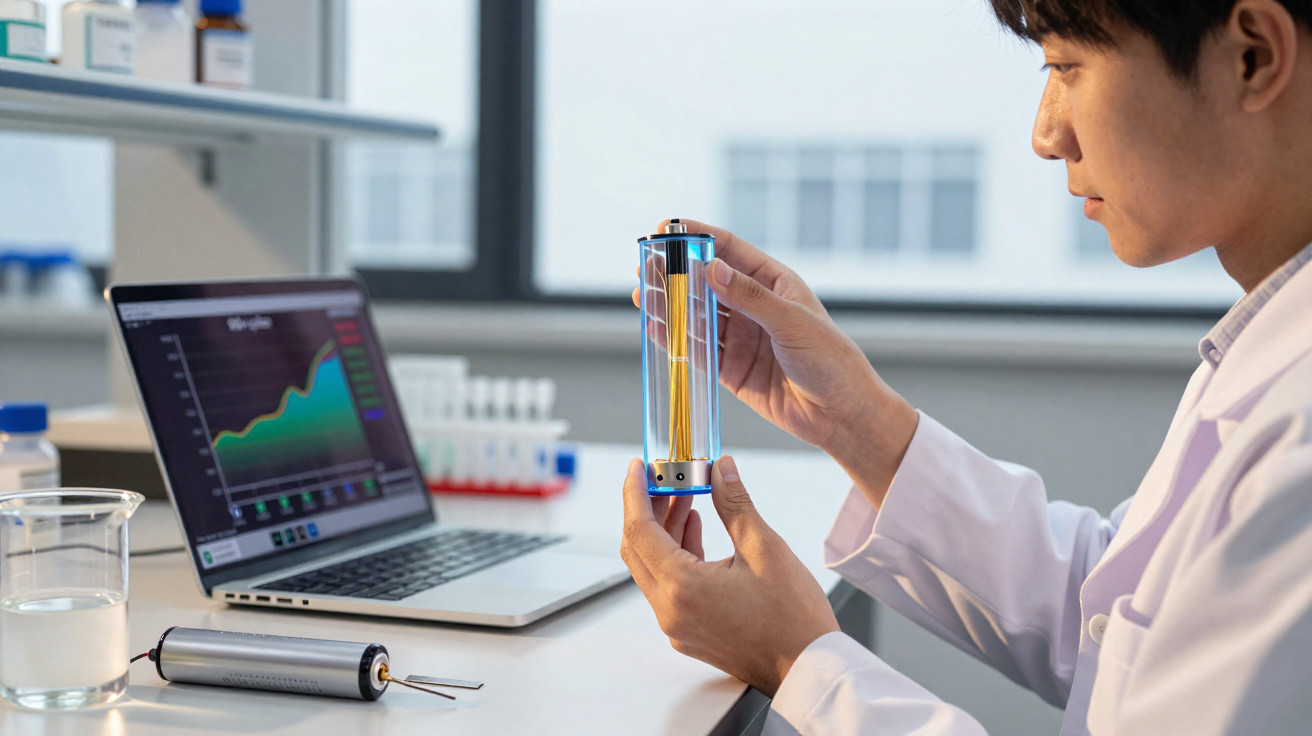 Cientista de bata branca analisa dispositivo transparente com componente dourado sentado à mesa com portátil aberto.