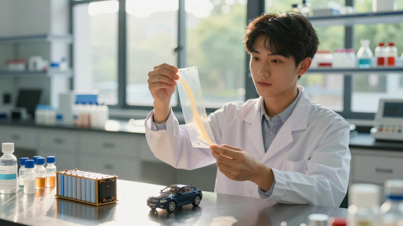 Cientista em laboratório examina material transparente enquanto um modelo de carro elétrico está na mesa.