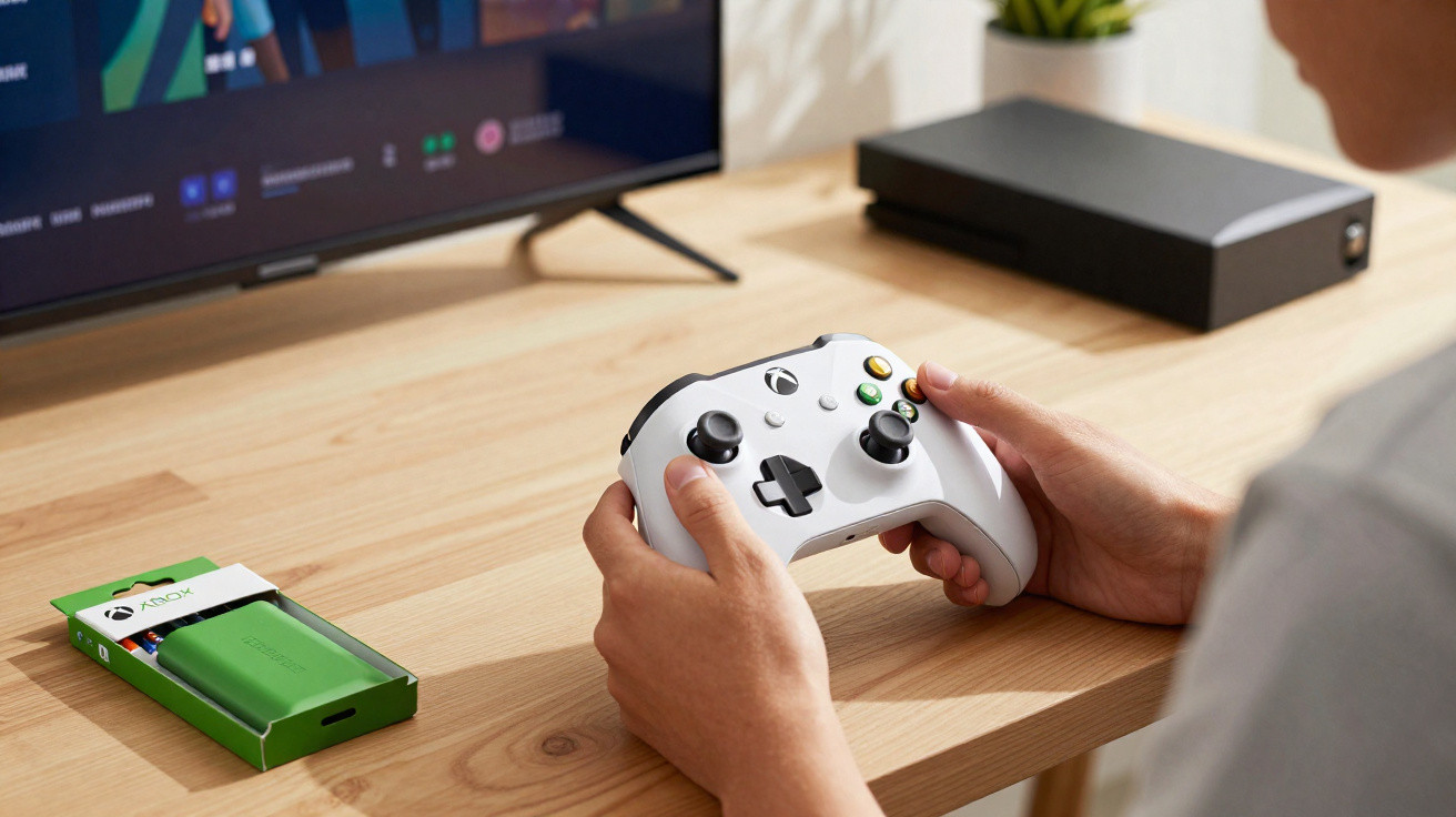 Pessoa a jogar videojogos numa consola Xbox com comando branco numa secretária de madeira clara.