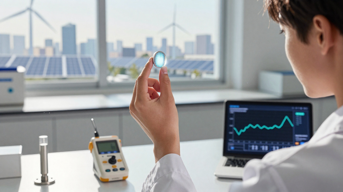 Pessoa a segurar chip tecnológico com painéis solares e turbinas eólicas visíveis numa janela.