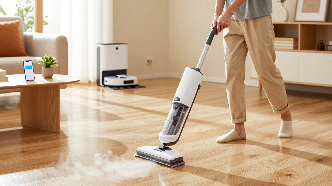 Pessoa a limpar chão de madeira clara com aspirador a vapor branco numa sala bem iluminada.