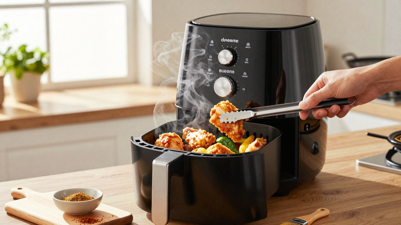 Máquina de cozinha preta a fritar comida com vapor a sair, em bancada de cozinha clara.