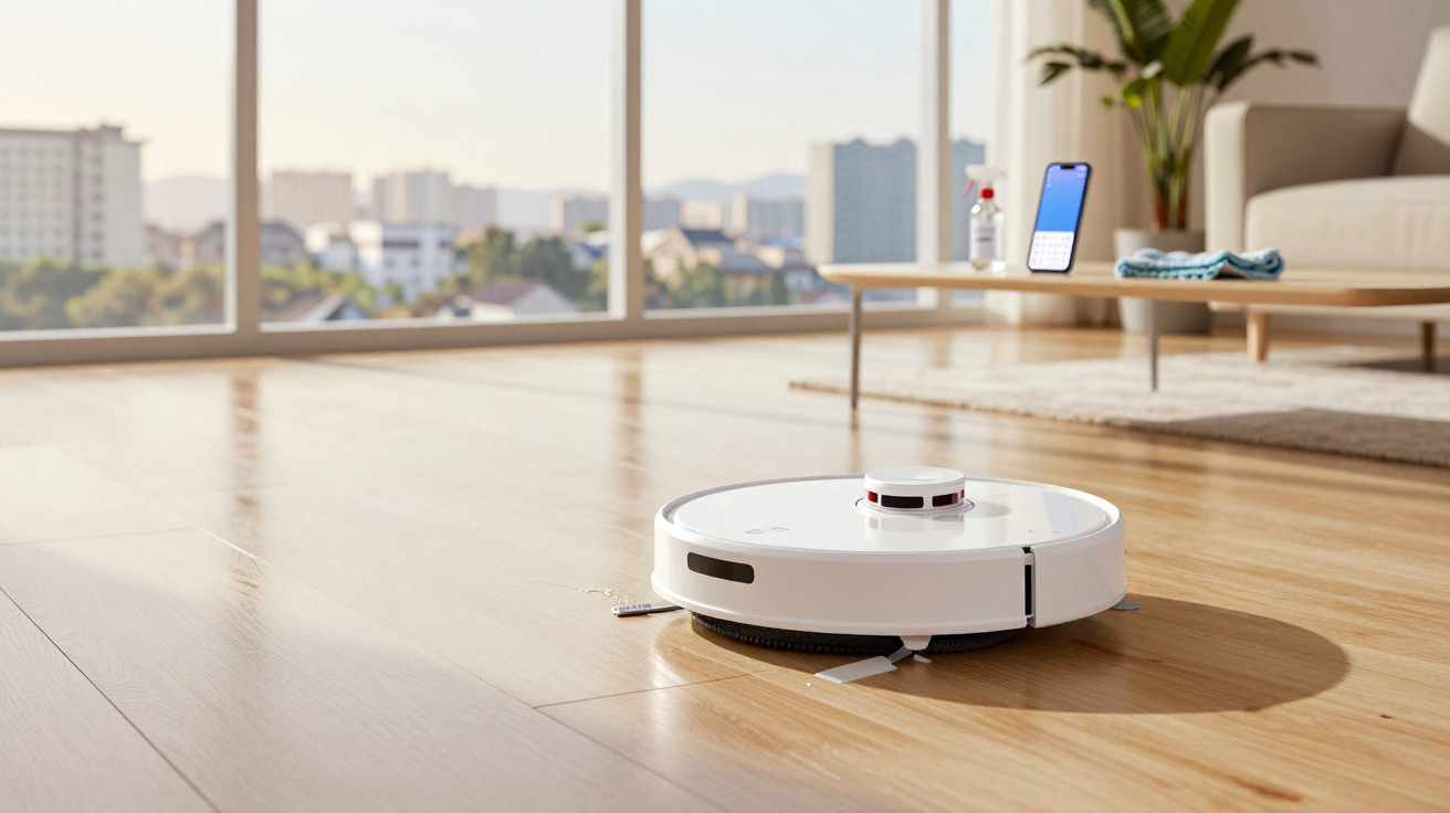 Aspirador robot branco a limpar chão de madeira numa sala com sofás e vista urbana ao fundo.