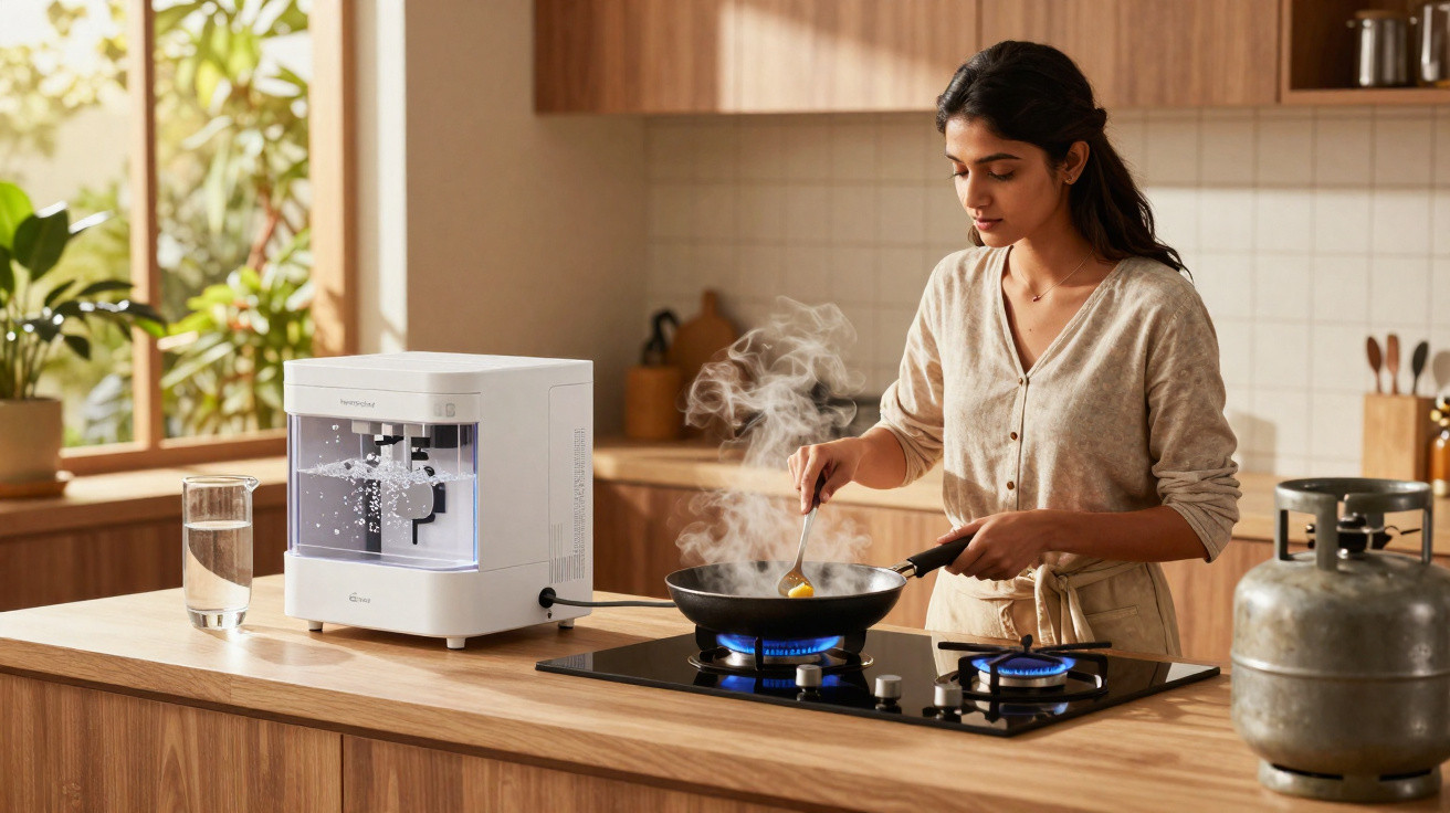 Mulher a cozinhar numa cozinha moderna com fogão a gás e purificador de água branco na bancada.